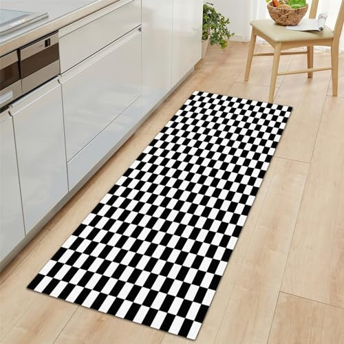 Küchenläufer Schachbrett Motiv Teppich Läufer 50x140cm, rutschfest Pflegeleicht Schwarz Und Weiß Teppich Läufer für Küche Flur Eingangsbereich Esszimmer