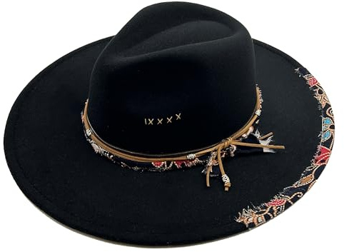 Wotfim Big Wide Brim Fedora Hat for Women Man Felt Panama Hat with Band Western Outdoor hat-Black