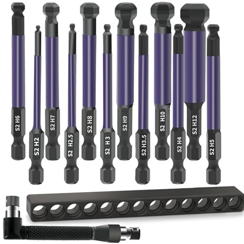 Lot de 12 embouts de tournevis hexagonaux à tête sphérique 75 mm 1/4 Jeu d'embouts de visseuse à percussion 2/2,5/3/4/5/6/8/10/12 mm S2 Ball End Hex Jeu de clés Allen
