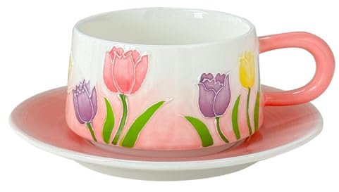 NatureMan Juego de taza de café de cerámica con platillo, bonita flor dibujada a mano, tulipán rosa, taza de té de cerámica para la oficina y el hogar, 260 ml para té con leche (rosa)