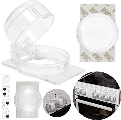 Herdknopf Kindersicherung, 2 Pack, Montage ohne Knopf Demontage, für max. Ø 4,9 cm und 4 cm hohe Herdknöpfe Schutz mit min. 6,1 cm Abstand Mitte-Mitte, transparenter Kleber, Herdschutz Baby Sicherung