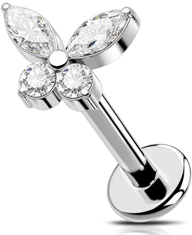 OUFER 16G Farfalla Orecchino Cartilagine Filettato Internamente Conch CZ Trasparente Helix Piercing G23 Titanio Labret Stud 8 mm