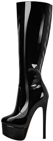 blingqueen Damen Plateau Stiefel Kniehohe Stiefeletten Stiletto Stretch Boots Knee High Metallic Lack Schwarz 42 EU