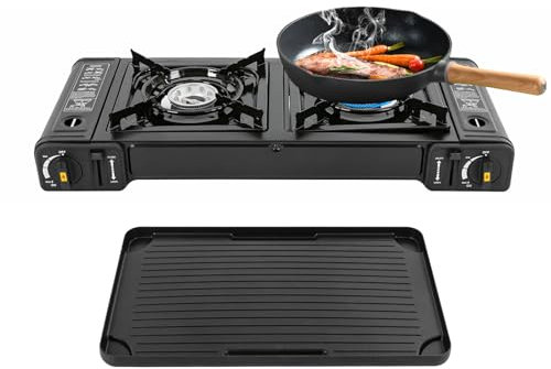 Levkitch Campingkocher Grillplatte und Koffer Gaskocher 2-Flammig Gasherd Tragbarer Camping Grill Gas Stove Camping Kocher Aluminium Tischgrill Gas Herd for Outdoor Picknick (Mit Grillplatte)