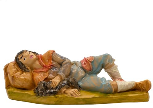 VILLAGE GIFT IMPORTERS Krippenfigur, Dorfbewohner, ruhend mit braunem Hund, 10,9 cm lang, Bethlehem-Krippenszenen, Tischstatue für den Innenbereich, für Weihnachten, Urlaub, hergestellt in Italien