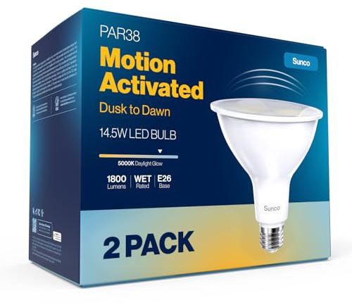 Sunco 2 Pack PAR38 LED Flood Light Bulb, Dusk to Dawn, Motion Sensor, E26