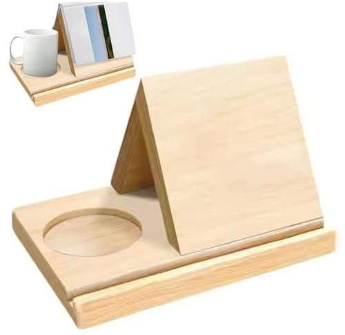 Dreieck Buchständer aus Holz mit Getränkehalter, Bibliothekskarten-Design, Buchhalter, Seitenablage, Nachttisch, Buchhalter mit Getränkehalter für Kaffee, Geschenk für Buchliebhaber, Leser,