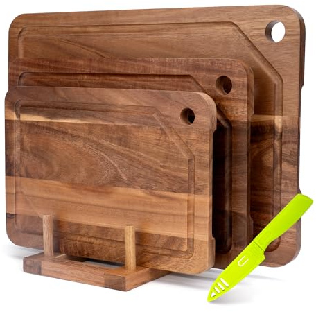 Akazienholz Schneidebrett 3er Set mit Aufhängeloch | mit Saftrille, inklusive Freiständer und Obstmesser, Schneidebretter für Fleisch, Gemüse, Käse und Servieren.