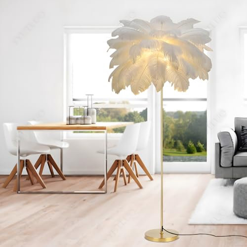 YYUTLUO Lampada Moderna Con Piume, Lampada Da Terra In Piume Di Struzzo Naturale, Altezza 160cm, Palo E Base In Oro, Lampadine A LED G4 A 3 Temperature Di Colore, Soggiorno Camera Letto Per (Bianco)