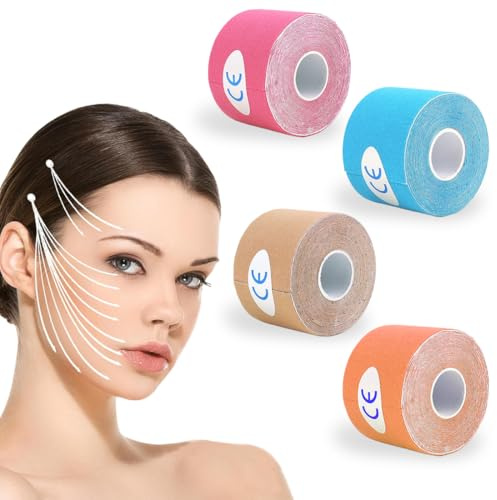 4 Pcs Cinta de Levantamiento Facial,2.5cm x 5m Parches Antiarrugas Faciales, Wrinkle Patches,Adhesivo Facial,para Reafirmar la Piel Facial de las Mujeres,Color de Piel + Rosa + Azul Claro + Naranja