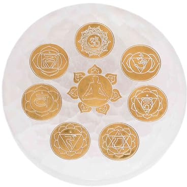 NKlaus Placa de selenita de 10 cm, redonda, símbolos de chakra dorados, 1 unidad | Para meditación; para reiki; para chakras; para yoga; peso: 261 g; 1,5 cm