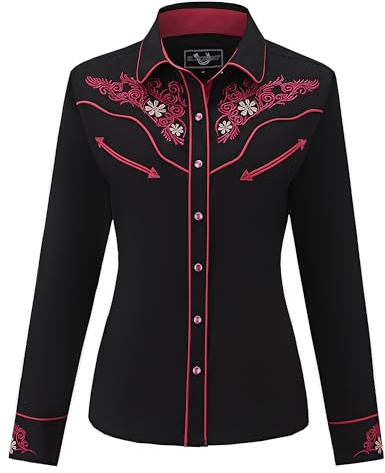 Women's Embroidered Western Cowboy Shirt Vintage Style Long Sleeve Button Down Shirt Premium Quality Snap Front Design S-3XL, Black-red, S