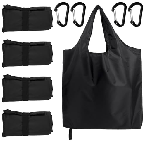 4 Stück Einkaufsbeutel Faltbar-mit Karabiner für Einkauf-Wiederverwendbare Einkaufstüten, 56x43 cm Umweltfreundliche Einkaufstaschen, Waschbar Shopping Bag Schwarz, Einkaufsbeutel Dauerhaft/ Leicht