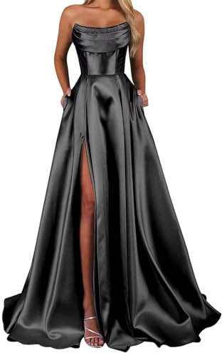 Satin Black Prom Dresses for Women A Line Princess Ball Gown Long with Slit Floor Length Formal Evening Dress UK8
