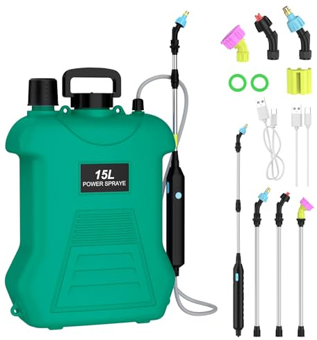 Pompa Irroratrice a Batteria, 15L Spruzzatore Elettrico per Diserbo con 3 Ugelli per Nebbia, 1.5Ah Batteria, Asta Telescopica, Ricaricabile USB, Nebulizzatore a Batteria per Giardino, Cortile (Verde)