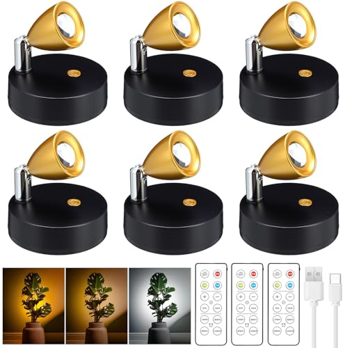 Hortsun 6 Pcs Mini Rechargeable Spotlights with 3 Remote Control Indoor Plant Wireless LED Spot Lights Rotatable Dimmable Accent Picture Lights for Wall Artwork Painting Display (Gold)