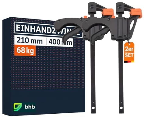 Einhandzwingen 2 Stück Set – Spannweite 210mm, Dehnbereich 400mm, Spannkraft 68kg – stabile und robuste Klemmzwingen aus Carbostahl & Nylon – für präzises Fixieren von Holz, Metall & Möbeln