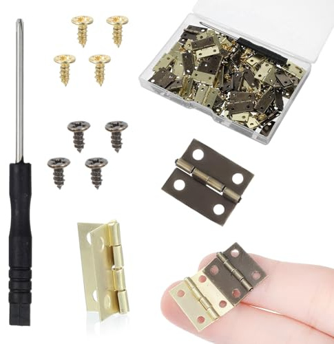 MBAIYO 60 Sets Small Hinges with Screws, Mini Hinges 270° Folding Iron Hinge 0.6 in Gold Bronze Mini Hinge for DIY Boxes Wood Jewelry Box Hardware Gate Drawer Miniature Butt Tiny
