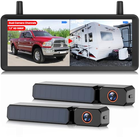 Solar Rückfahrkamera Kabellose 2-Kamera System: 2-Min Installation, 7,2“ 1080P HD Split-Screen Monitor mit Dual-Antennen, Stabile Signal, IP69K wasserdichte Rückfahrkameras für LKW, Wohnmobil, Camper
