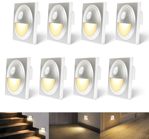 Lam(MS) Pen LED Stair Spot, 8 Recessed Spot Lights with Motion Sensor, Warm White 3000K, 0.6 W, 230 V, Recessed Spotlight for Stairs with 60 mm Side Edge and for Indoor Use