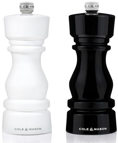 Cole & Mason London Molinillos de Sal y Pimienta, Mecanismo de Cerámica, Negro y Blanco, Molienda Ajustable, Molinillo de Especias Recargable, Manual, 2 Pcs Set de Regalo, 15 cm