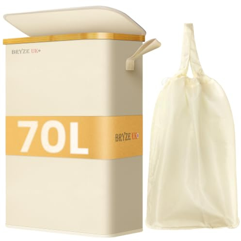 70L Slim Laundry Basket with Lid, Tall Narrow Clothes Hamper with Removable Bag & Bamboo Handles, Foldable Laundry Bin for Bathroom, Bedroom, Dorm (Beige)