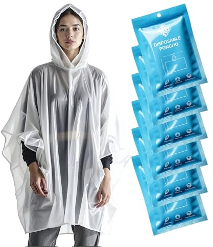 ZENO Engångsregnponchos för vuxna - Genomskinliga med huva, kompakta nödregnponchos för vandring, camping, resor - Förpackning med 6