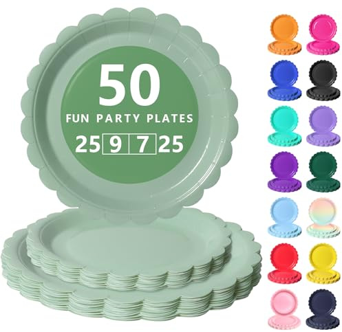 Nkaiso Pappteller, 50 Stück Sagegrün Wellkanten Einwegteller Set | Partygeschirr Kindergeburtstag Set Mit 23cm Partyteller und 18cm Dessertteller, Elegantes Einwegteller