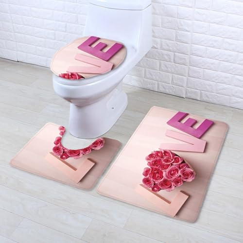 Badezimmermatte Rosa Holz Liebe rutschfeste Badmatte Waschbar Bath Mat Bad Vorleger Memory Schaum Badezimmerteppich U förmige WC Teppich Badteppich Set 50x80 cm