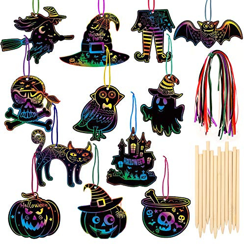 HOWAF Halloween Kratzbilder Bastel Set für Kinder, 36 Stück Scratch Art für Kinder Basteln Malen Anhänger Halloween, Fledermaus Geist Kürbis Schädel Hexe Eule, Scratch Art paper mit Holzstiften Ribbon