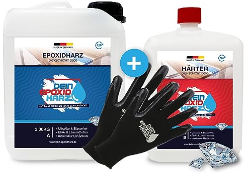 Dickschicht - Epoxidharz mit Härter | 4,5kg Set | Profi Qualität, ultraklar & geruchsarm | 10cm in einem Guß + Schutzhandschuhe