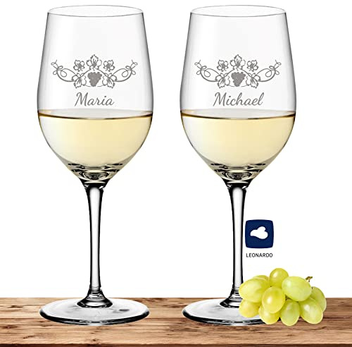 Deitert Leonardo Weißweinglas-Set mit Namen oder Wunschtext graviert, 2er-Set, 300ml, Ciao+, personalisiertes Premium Weinglas in Gastroqualität, (Weinrebe)