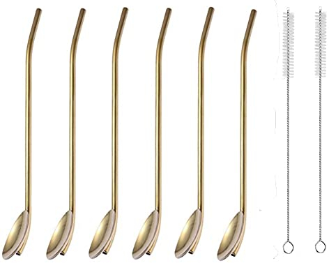 MAGICVOGEL 6 Stück 21.6cm Trinkhalmlöffel Edelstahl Strohhalmlöffel lang Trinklöffel Trinkhalm mit 2 Reinigungsbürsten Wiederverwendbar Kaffeelöffel Dessertlöffel (Gold)