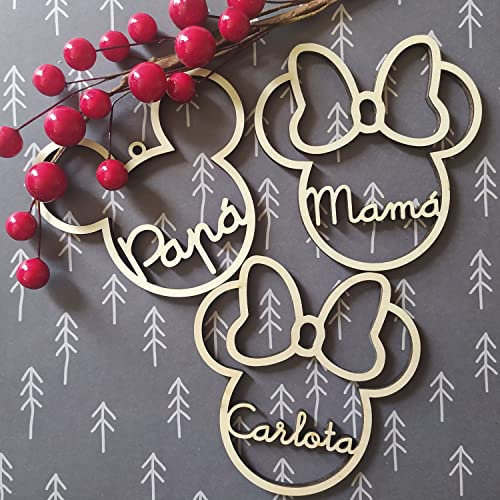Adorno navidad de madera personalizada con el nombre | Bola árbol navideño | Decoración colgante | Ornamento | Cordel incluido (Mickey/Minnie)