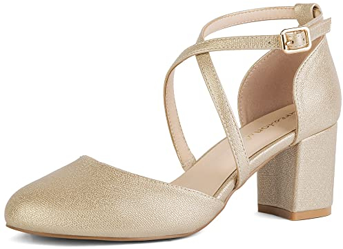 Greatonu Damen Pumps Riemchenpumps Spangenpumps Sandale mit Kreuz Knöchelriemen Blockabsatz Geschlossener Spitze Glitzer Pumps - Perfekt für Hochzeiten und Partys Golden 40 EU