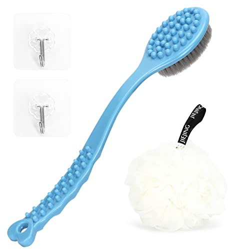 QiCheng&LYS Bath Brush with Long Handle, Back Brush with Long Handle, Back Brush Shower Plastic Soft Body Bath Sponge Shower Sponge, Loofah Balls, with 2 Self Adhesive Hooks (Blue + White)