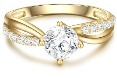 Trilani Damen Solitärring aus 925 Sterling Silber Gelbvergoldet mit Zirkonia im Brilliantschliff Verlobungsring Antragsring Silberring in Wickeloptik