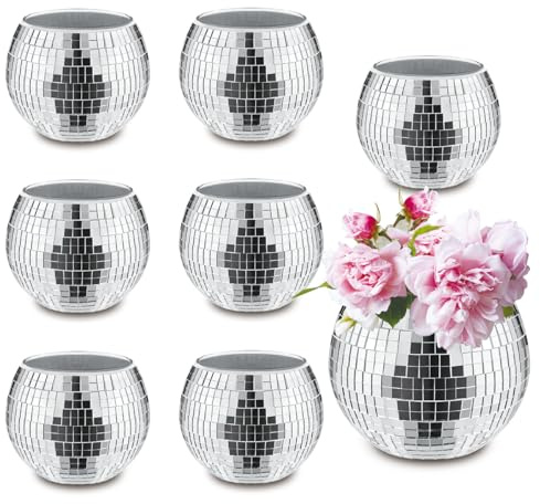 8 PCS Silver Disco Ball Vase,Glass Disco Ball Planter Candle Holder Vase Bulk Mirror Disco Ball Flower Vase for Wedding Centerpieces,Birthday,Office,Bedroom