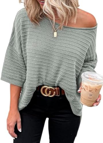 Cuptacc Oversize Shirt Damen 3/4 Ärmel Herbst Tunika Tops Mode Elegant Off Shoulder Kurz Oberteil Damen Grau Groß L 42-44