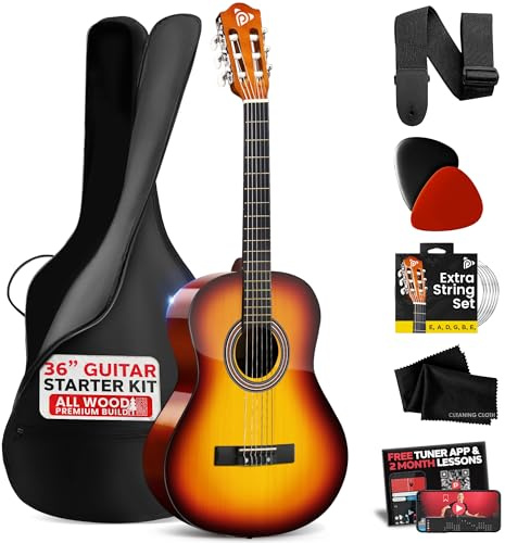 Pyle Kit de Guitarra acustica, ½ Tamaño Juvenil, 36”, para Principiantes, Niños, Adultos, Incluye Correa de Transporte, Paño de Limpieza, Aplicación de afinador