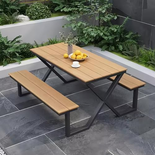 LLZJDDPLY Gartentisch mit 2 integrierten Bänken, Wetterfeste Terrassentisch, Stabiler X-förmiger Metallrahmen, Outdoor Esstisch für 4-6 Personen für Hinterhof, Garten, Pool und Innenbereich(A,1.5M)