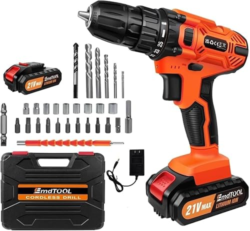 Akku Bohrschrauber Set 21V Akkuschrauber Akkubohrer mit 1500mAh Akkus, 2-Gang Akku-Schlagbohrschrauber 45Nm Drehmoment Max 25+1 Drehmomentstufen, 25 Stück Zubehör für Haus und Garten DIY Projekt