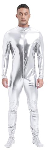 iiniim Men's Shiny Metallic Body Suits Wet Look Spandex Costume Zipper Front Unitard Zentai Jumpsuit Silver L