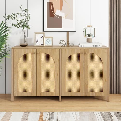 Merax Modernes Sideboard,vielseitiger Buffetschrank,Schließfach,Anrichte mit 4 Rattantüren und Metallgriffen,für Esszimmer, Wohnzimmer & Küche, Naturholz