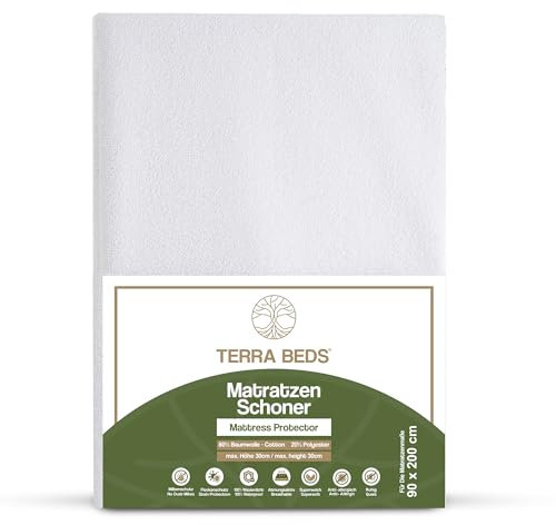 Terra Beds Matratzenschoner 90 x 200 cm, 100% wasserdichte Matratzenauflage, atmungsaktives und superweiches Baumwollmaterial, geräuschlos, Oeko-TEX-Zertifiziert, Fleckenschutz und waschbar