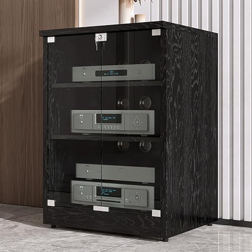 JIAOCKJIAO Stereoschrank, Audio Rack Hi Fi Regal mit Glastür, Hi Fi Rack mit Kabellöchern, AV Phonoschrank, Moderner TV-Ständer aus Holz, mit Verstellbaren Regalen(Nero,3 Tier 120x48x54CM)