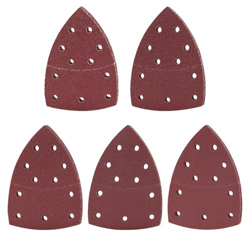 wadafen 50 Fogli di Carta Vetrata e Abrasiva per Levigatrice Delta Triangolare 105x152 mm con Ganci e Anelli, 11 Fori Grana 40/80/120/180/240 per Legno Levigatrice Multiuso