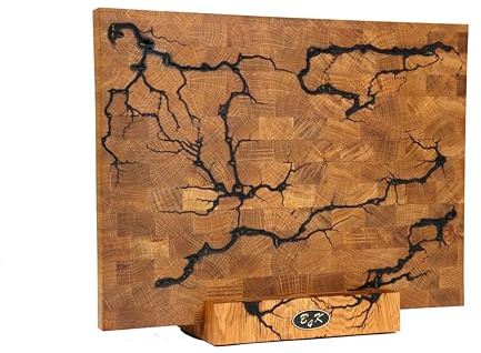 B4K® Hackblock mit Ständer aus Eiche 40x30x4 cm | Lichtenberg-Blitze Design | Premium Hirnholzbrett mit Griffen | Handgefertigtes Schneidebrett | Antibakteriell & Messerschonend