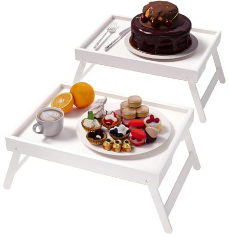 Fibogollo Confezione da 2 vassoi da letto in bambù con gambe pieghevoli, vassoi per colazione, vassoio da portata per cibo e snack, vassoi per computer portatile per lavorare (bianco)