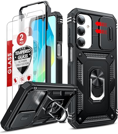 LeYi for Samsung Galaxy A17-4G/5G Phone Case: Samsung A 17 Case with Camera Cover Slider, 2 Tempered Glass Screen Protector, Ring Stand Holder, Tough Armour Cover Hard Heavy Duty Protective, Black
